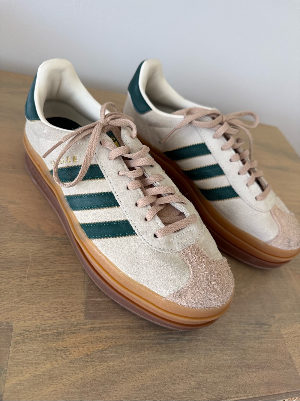 adidas Women’s Cream Suede Sneakers with Green Stripes & Gum Sole